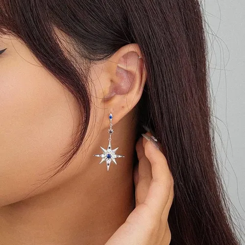Vista 3 de Aretes colgantes de oro de 14 quilates con moissanita y estrella de luna, estilo asimétrico, joyería de moda para ella