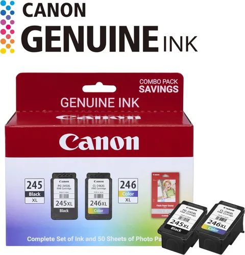 Vista 2 de Canon PG-245 XL / CL-246 XL - Paquete económico de tinta auténtica (2 cartuchos) con papel fotográfico de 50 hojas, compatible con iP2820