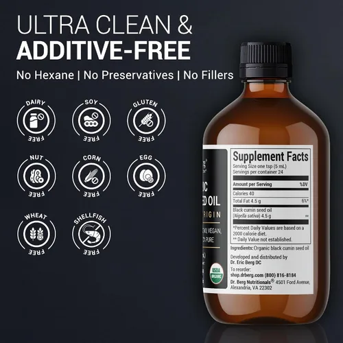 Vista 5 de Dr. Berg Aceite de Semilla Negra Orgánico Prensado en Frío – Puro Aceite de Nigella Sativa de Comino Negro – USDA Orgánico, Halal, Vegano