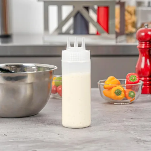 Vista 8 de Paquete de 6 botellas de plástico para apretar, transparentes, 12 onzas, punta de triple dispersión, 2.25 x 2.25 x 6.75 pulgadas por Restaurantware