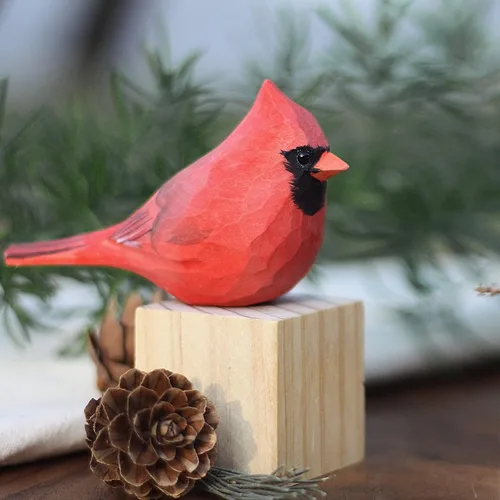 Vista 2 de Ornamento del pájaro cardenal del norte tallado a mano estatuas de madera pintadas para la decoración casera
