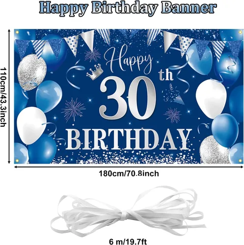 Vista 2 de Telón de fondo de pancarta de 30 cumpleaños, decoraciones de feliz cumpleaños de BTZO 30, fondo de fotos de tela azul plateada para hombres