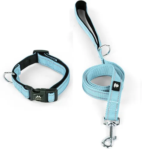 Vista 15 de IVY&LANE Juego de collar y correa reflectante para perro, collares de perro acolchados de neopreno ajustable para cachorros, collar de nailon