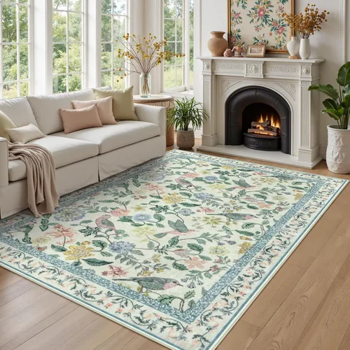 Vista 9 de Rugalia Alfombra de pasillo floral azul, alfombra lavable de 2 x 6 pies para pasillos, antideslizante, suave, de pelo bajo, con flores, pájaros, Rosa