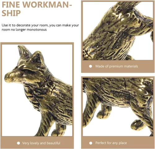 Vista 6 de Mini figura de zorro de latón pequeño, figura de zorro dorado de latón macizo para estante de escritorio, decoración del hogar, escultura pesada