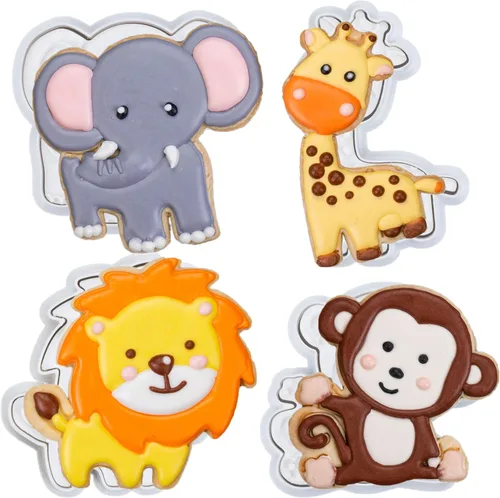 Vista 10 de Juego de 8 cortadores de galletas de animales con mango de sello 3D, diseño de selva para cocina, formas de pastel de ácido poliláctico