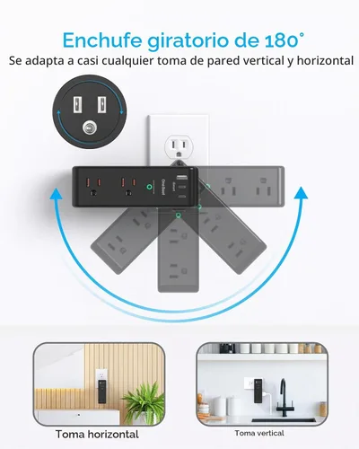 Vista 2 de Extensor de salida con protector de sobretensiones con enchufe giratorio, 6 tomas de corriente alterna con 3 puertos USB (2 USB C), cargador