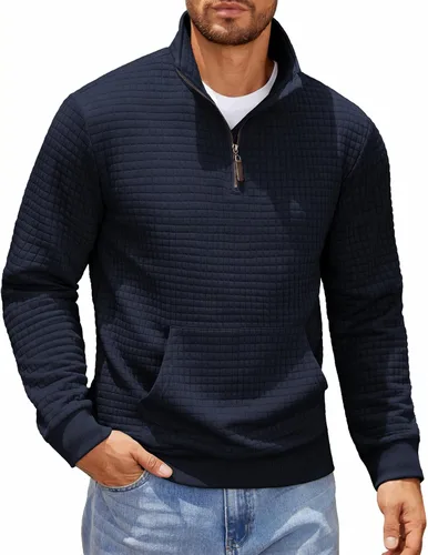 Vista 17 de COOFANDY - Sudadera con capucha para hombre, manga larga, con cremallera de un cuarto, estilo sarga casual, con bolsillo Verde militar
