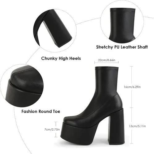 Vista 7 de Easyfox Platform Boots for Women Mid Calf Chunky High Heels Ankle Booties Slip on Round Toe Elastic PU Leather Short Boots