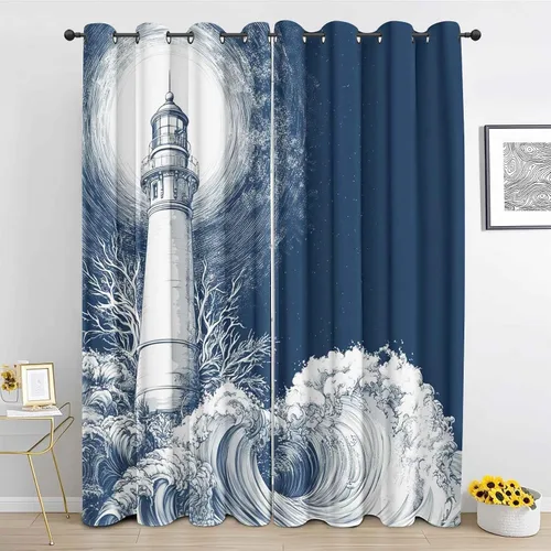 Vista 16 de Cortinas de faro costero de 54 pulgadas de largo, 2 paneles, cortinas opacas con ondas de vela para decoración de dormitorio, sala de estar, Negro