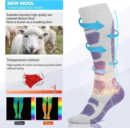 Vista 3 de Calcetines de esquí de lana merina térmicos hasta la rodilla para invierno, deportes de nieve y caza para hombre y mujer