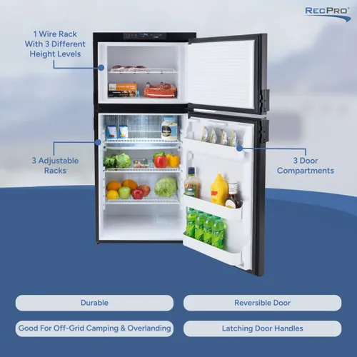 Vista 4 de Refrigerador RecPro RV 6.3 pies cúbicos de gas y eléctrico Acabado negro o acero inoxidable 110V / 12V / Gas propano (Acabado negro)