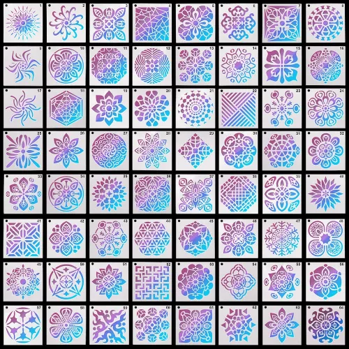 Vista 2 de 64 plantillas de pintura (3.543 in x 3.543 in), plantilla de puntos de mandala de DaKuan para creación artística, murales, libros, telas, creación