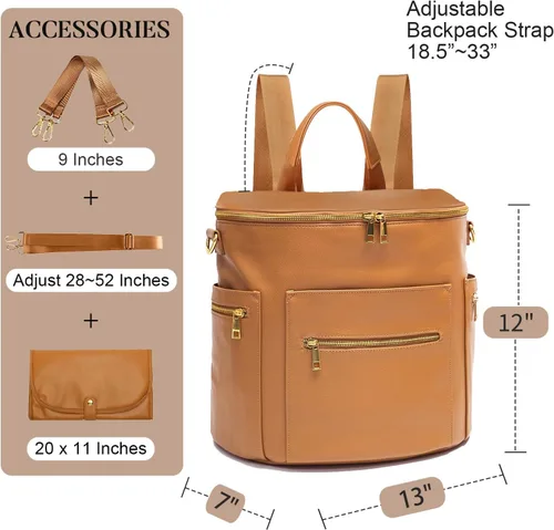Vista 6 de Bolsa de pañales, mochila de cuero para pañales de MF Store, mochila de pañales con funda para portátil, cambiador, bolsa de toallitas, correas