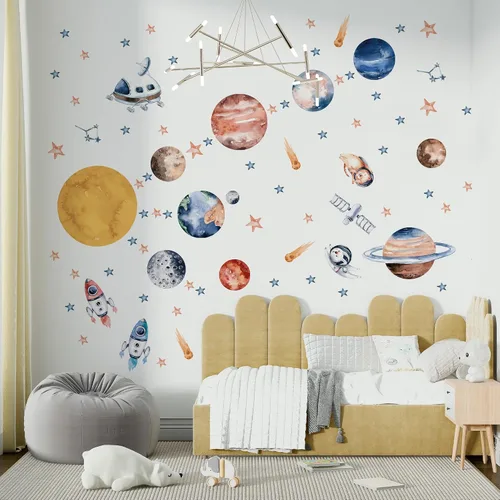 Vista 14 de Lipastick - Calcomanías de pared con temática de planetas y espacio para niños y niñas, calcomanías de vinilo para dormitorio de niños y niñas