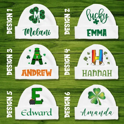 Vista 2 de Sombrero de bebé personalizado para el día irlandés 6 diseños de trébol con nombre Gorros personalizados para bebé niña del día de San Patricio