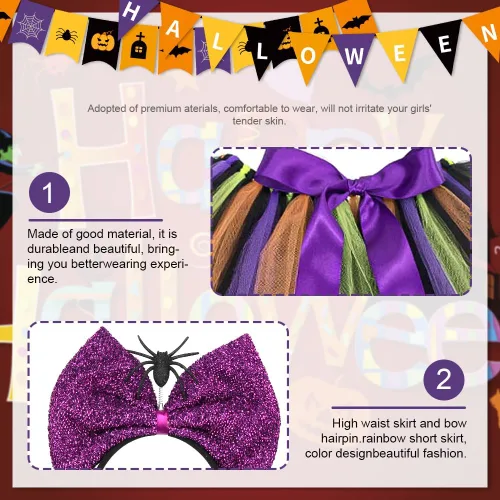 Vista 3 de Threetols Halloween Witch Costumes Accessories for Girls, Rainbow Tutu Skirt Cosplay Costumes Skirt with Purple Spider Sequin Bow Headbands for