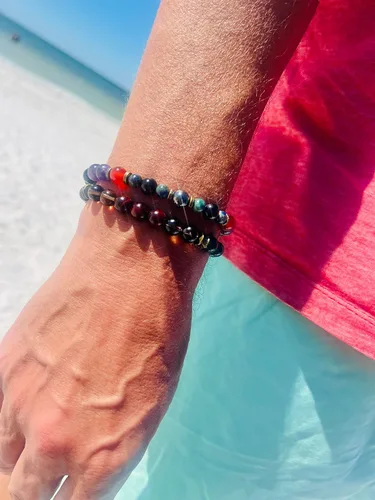 Vista 5 de Pulsera unisex para hombre y bienestar con piedras preciosas para energía positiva/fuerza/valor/con cristales naturales ónix negro, cuarzo ahumado