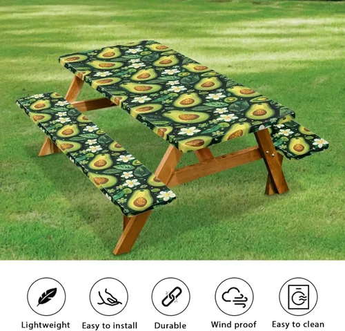 Vista 5 de Funda de mesa de picnic con fundas de banco, resistente al viento, resistente a las manchas, mantel de camping y accesorios de viaje, juego de 3