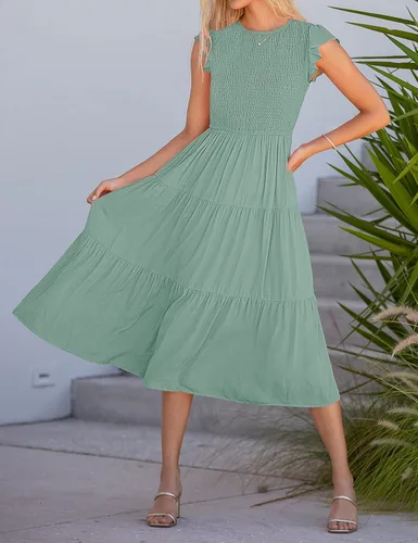 Vista 7 de MEROKEETY - Vestido midi fruncido de manga corta para mujer, vestido de verano casual, acampanado, con cintura elástica y escalonado