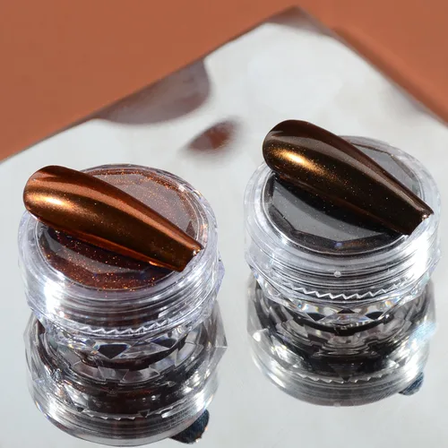 Vista 3 de Polvo cromado metálico marrón, 2 tarros estilo Maillard café marrón efecto brillo pigmento cromo polvo polvo puntas manicura con aplicadores