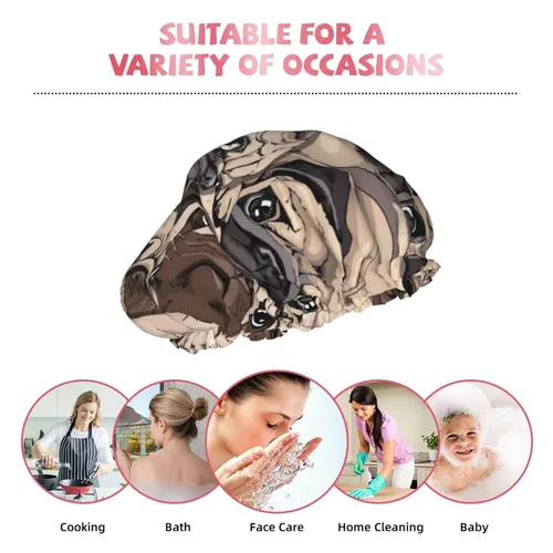 Vista 7 de Lindo gorro de ducha de perro carlino para mujer, doble capa impermeable, sombrero de ducha grande diseñado para todos los cabellos