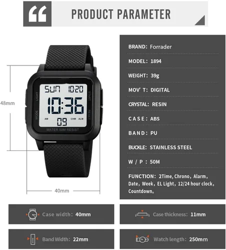 Vista 8 de Relojes digitales deportivos para hombre, reloj deportivo impermeable al aire libre con retroiluminación LED, alarma, temporizador de cuenta