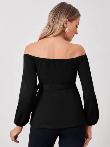 Vista 2 de Floerns Blusa de maternidad de manga larga con cinturón y hombros descubiertos para mujer