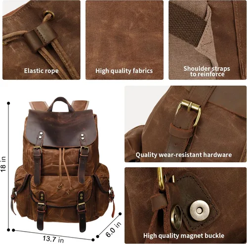 Vista 3 de HuaChen Mochila vintage de lona encerada con solapa de cuero genuino, mochila de viaje y trabajo, resistente al agua con bolsillo antirrobo, grande