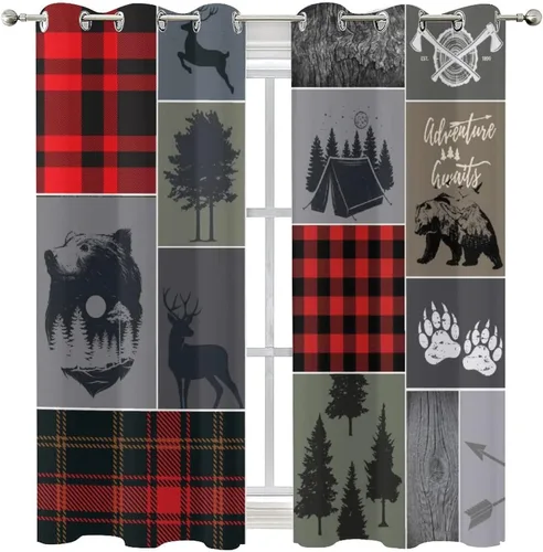 Vista 8 de Cortinas opacas rústicas de cabaña con osos y ciervos - Juego de cortinas de ventana con ojales de temática de granja abstracta, caza, animal