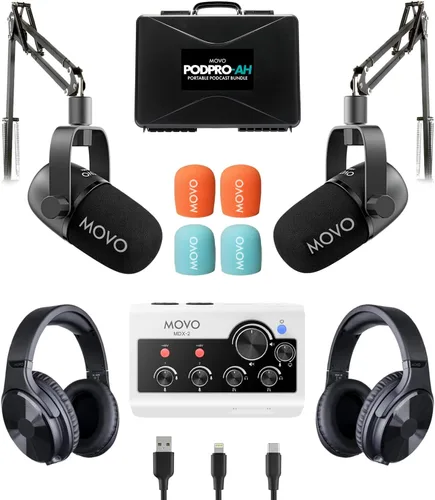 Vista 9 de Movo Paquete portátil de equipo de podcast para iPhone/teléfonos Android - Kit de podcast con interfaz de audio, 2 micrófonos dinámicos CastMic, 2