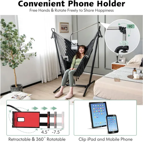 Vista 2 de Tangkula Silla hamaca con soporte, estilo bohemio macramé con soporte, soporte para teléfono celular, silla colgante ajustable en altura