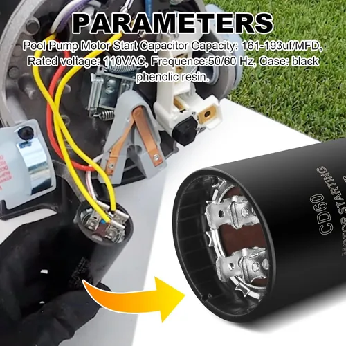 Vista 5 de Condensador de arranque de motor de bomba de piscina 50/60Hz para Hayward Super Pump. Bombas Max Flo 0.75 HP, 1.0 HP, 1.5 HP. Utilizado en motores