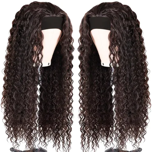 Vista 18 de Peluca de cabello humano con diadema de ondas profundas, sin pegamento, pelucas de cabello rizado sin encaje frontal, pelucas de cabello humano