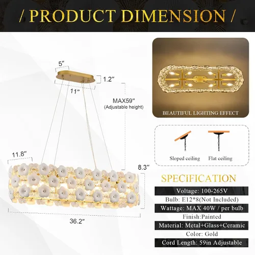 Vista 2 de Lámpara de araña moderna de cristal con 8 luces doradas de 36