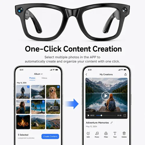 Vista 13 de Gafas inteligentes AI con cámara, captura HD de 13 MP, 4K EIS, lentes