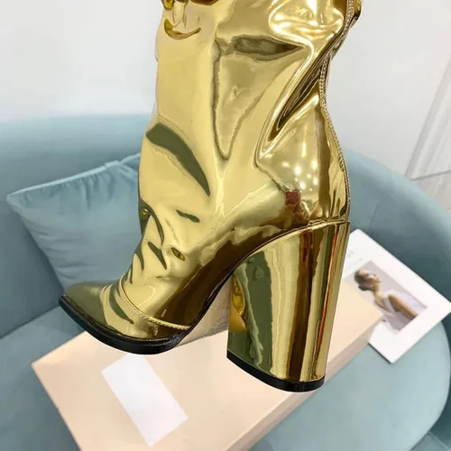 Vista 27 de Vertundy Botas altas hasta la rodilla metálicas con punta puntiaguda para mujer, botas altas de tacón alto de charol plisadas, botas largas plisadas