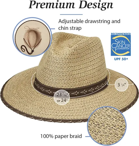 Vista 4 de Wallaroo Hat Company Cabo Fedora para hombre - Protección solar UPF 50+, sombrero natural de ala ancha con correa para la barbilla, ajustable