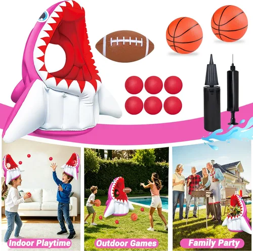 Vista 2 de Juguetes inflables de aro de baloncesto 3 en 1 con forma de tiburón para piscina, baloncesto, fútbol y cabeza, juegos de piscina acuática