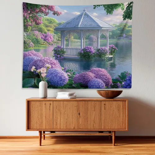 Vista 3 de Batmerry Peaceful Retreat Beautiful Landscape Polyester Tapestry, Blooming Garden Setting Lightweight Wall Hanging High-Definition Print Backdrop