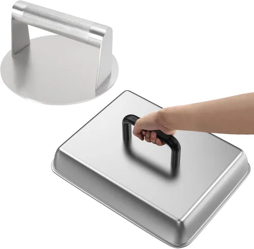 Vista 8 de SafBbcue Prensa de hamburguesa de hierro fundido redonda de 7 pulgadas y 8.2 x 4.3 pulgadas, rectangular de hierro fundido resistente con mango