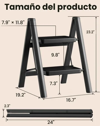Vista 8 de SOLADDER Escalera de 2 escalones, taburete plegable, escalera de mano Negro