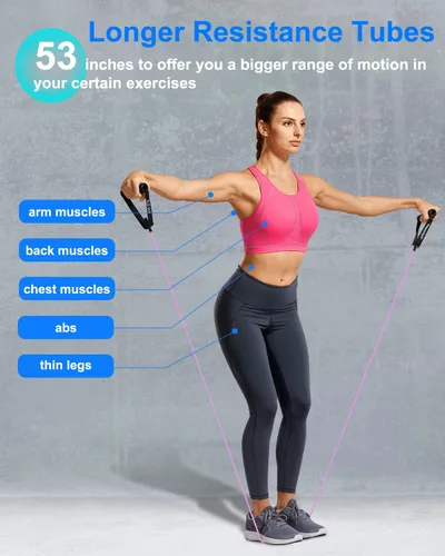 Vista 2 de Banda de ejercicio de resistencia con asas, banda de entrenamiento para terapia física, entrenamiento de fuerza, gimnasio en casa, fitness