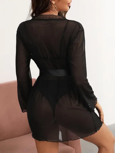 Vista 2 de OYOANGLE Bata de malla transparente con cinturón de manga larga con detalle de encaje para mujer sin lencería