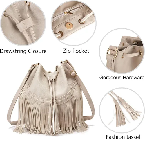 Vista 5 de Bolsos de cuero para mujer, bolsos cruzados con cordón para mujer, borla y bolsos de hombro