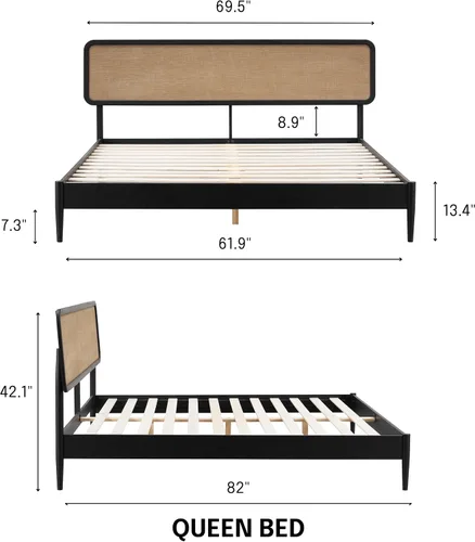 Vista 2 de Lupin - Base de cama de madera con cabecero, base de madera de roble macizo y goma con listones silenciosos y soportes centrales de madera, Negro