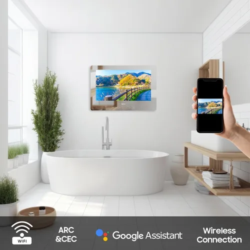 Vista 8 de SYLVOX TV Inteligente de 19'' Espejo Mágico de Baño Resistente al Agua LED TV 1080P 500NITS Alto Brillo Altavoces Frontales Duales Montaje en Pared