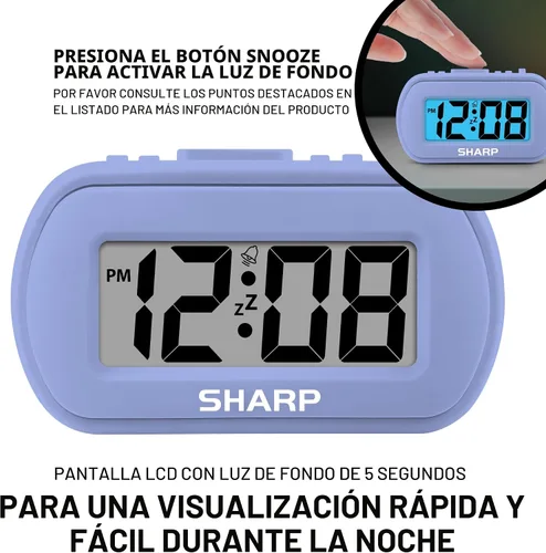 Vista 5 de Sharp - Reloj despertador con batería con funda suave al tacto y retroiluminación azul, lavanda