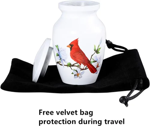 Vista 5 de Red Cardinal Bird - Urna de recuerdo pequeña para cenizas humanas o cenizas de mascotas, mini urna de cremación de aluminio para cenizas - Soporte