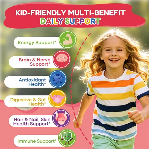 Vista 4 de Vitamin B Complex for Kids with B1, B6, B9, B12 & Magnesium, Super Greens, Kids B Complex Supplement for Brain Support, Energy & Focus, Digestive